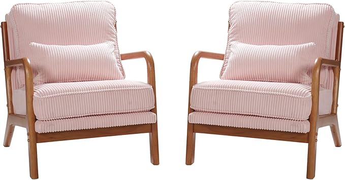 Softa Accent Chairs Set of 2 Mid Century Modern Armchairs with Solid Wood Frame &amp Lumbar Pillow Comfy Lounge Reading Chairs Farmhouse Armchairs for Living Room Bedroom Balcony (Corduroy Pink)