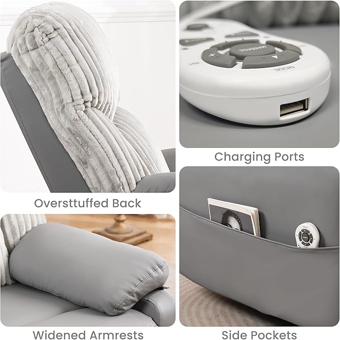GRAINELL Swivel Rocker Recliner Chair with Massage and Heat USB Charging Port Infinite Position Power Recliner Electric Glider Rocking Chairs for Living Room Nursery (Grey)