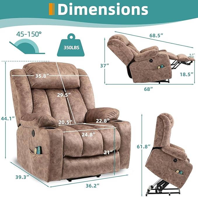 MEETWARM Large Power Lift Electric Recliner Chair with Extended Footrest for Big Tall Man Overstuffed Wide Recliner with Heat and Massage 2 Remote Controls/4 Side Pockets/USB Ports(Plush-Brown)