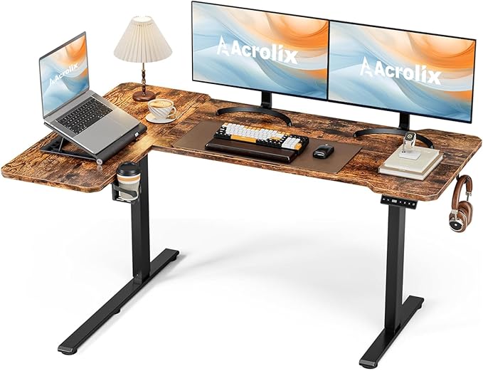 59 Inch L Shaped Standing Desk Electric Adjustable Height Corner Standing Desk Electric Sit Stand Table with Reversible Splice Boards for Computer Office Home (Rustic Brown)