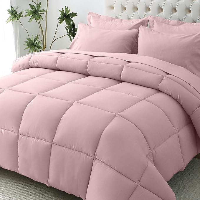 JOLLYVOGUE Queen Comforter Set Ultra-Soft Bed in a Bag Queen Size 7 Pieces Oeko-TEX Certified Bedding Set with Down Alternative Comforter Sheets Pillowcases &amp Shams Camio Pink