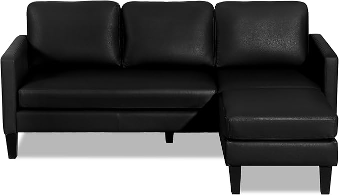 Faux Leather Sectional Couch L Shaped Sofa with 3 Seater Couch and Reversible Chaise Convertible PU Leather Comfy Couches for Living Room (Black)