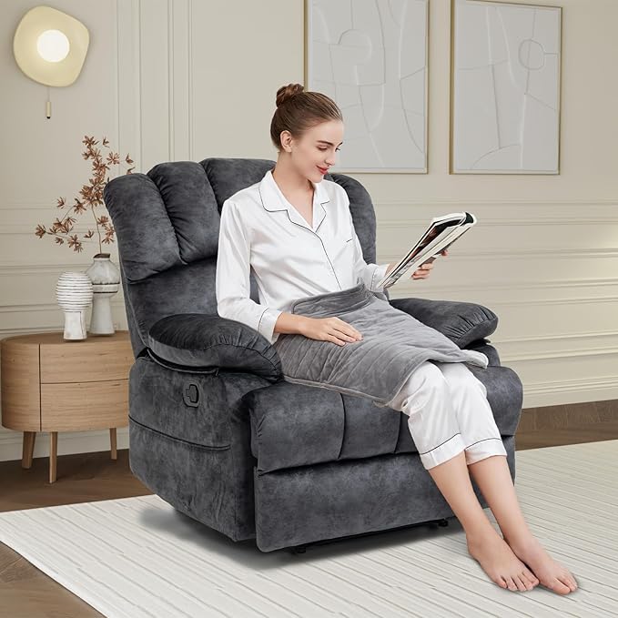 Large Lazy Recliner Chair for Adult Comfortable Manual Single Recliner Sofa Oversized Reclining Chair Upholstered Soft Fabric Living Room Recliner Sofa Chair for Living Room Bedroom (Dark Gray)