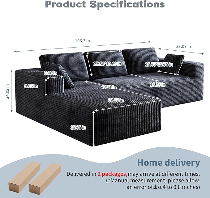106 Corduroy Sectional Couch Boneless L Shaped Couch with Deep Seat Cloud Foam Sofa with Oversized Chaise Sectional Sofa No Assembly Needed for Living Room