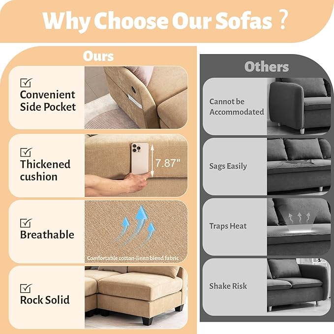 136.4 Modular Sectional Sofa U-Shaped 7 Seater Sectional Sofa with Storage Ottoman Linen L-Shaped Couch Large Cloud Couch with Cup Holders &amp USB for Living Room（Camel