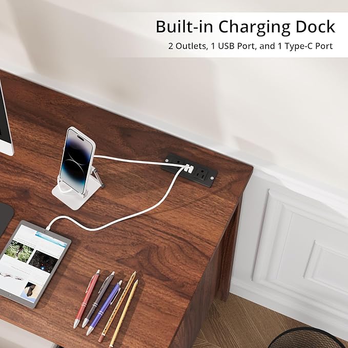 VOWNER Executive Desk with File Drawer Farmhouse Office Desk with Charging Station Computer Desk Workstation for Home Office Walnut