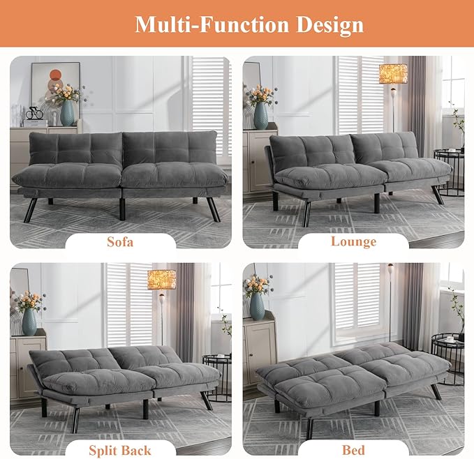 Anwick Futon Sofa Bed Velvet Convertible Futon Sleeper Couch 71 Sleeper Sofa Bed with Adjustable Backrest Modern Loveseat Couch for Compact Living Room Apartment Office (Grey)