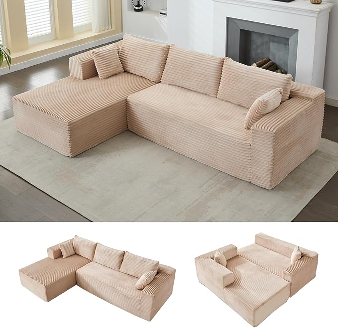 110 Modular Sectional Sofa with L-Shape Chaise Boneless Cloud Couch with Deep Seat Sponge Compression Sofas No Assembly Required Upholstered Couches for Living Room Bedroom (Corduroy Beige)