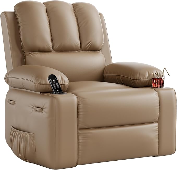 GarveeHome Oversized Recliner Chairs with Heat and Massage - 360° Swivel Lazy Recliner Chair for Adults- Manual Recliner Chair with Cup Holder for Living Rooms Bedrooms and Nurseries - Tan