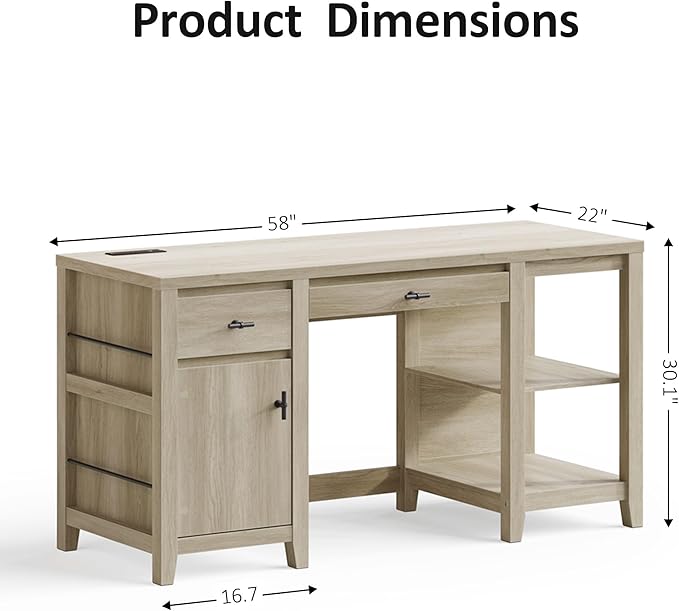 58 Office Desk with Drawers Charge Station and Foldable Keyboard Tray Farmhouse Wooden Home Computer Desk with Storage Cabinet and 3 Magazine Rack for Home Office and Study Natural Birch