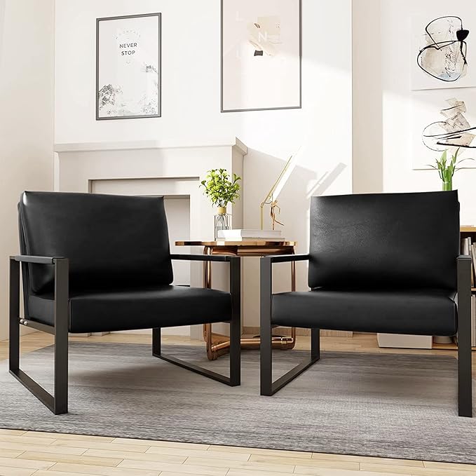 Recaceik Leather Accent Chairs Midcentury Modern Armchair with XL Ergonomic Cushion Sturdy Metal Frame Anti-Scratch Foot Mats Single Sofa Chair for Living Room Black 22.83D x 28.35W 33.46H in