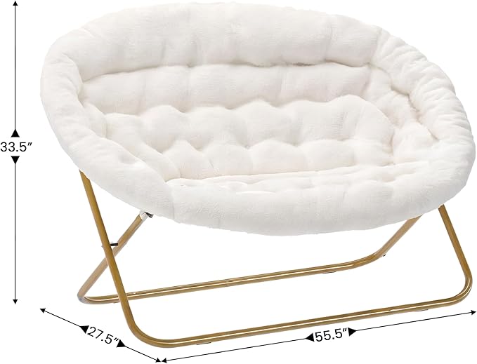 BizChair 56 Portable Folding Double Saucer Chair in Ivory Faux Shearling with a Soft Gold Steel Frame for Dorm Living Room or Bedroom