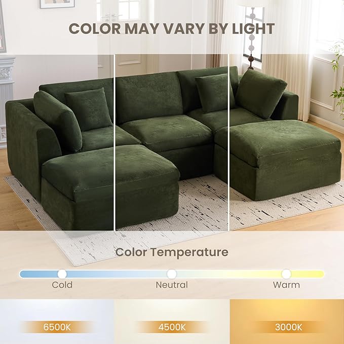 118 Fully Compressed Modular Sectional Sofa Cloud Sectional Couch U Shape with Ottoman No Assembly Boneless Sectional Sofa Deep Seat Convertible Modular Couch for Living Room (Green)