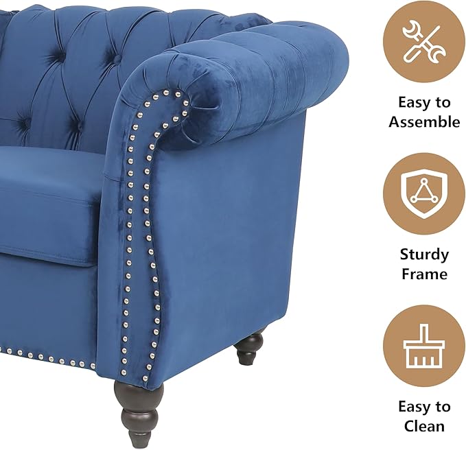 2 Seater Sofa Velvet Chesterfield Sofa Modern Tufted Couch 2 Seater Large Sofa with Scroll Arms and Nailhead for Living Room Blue