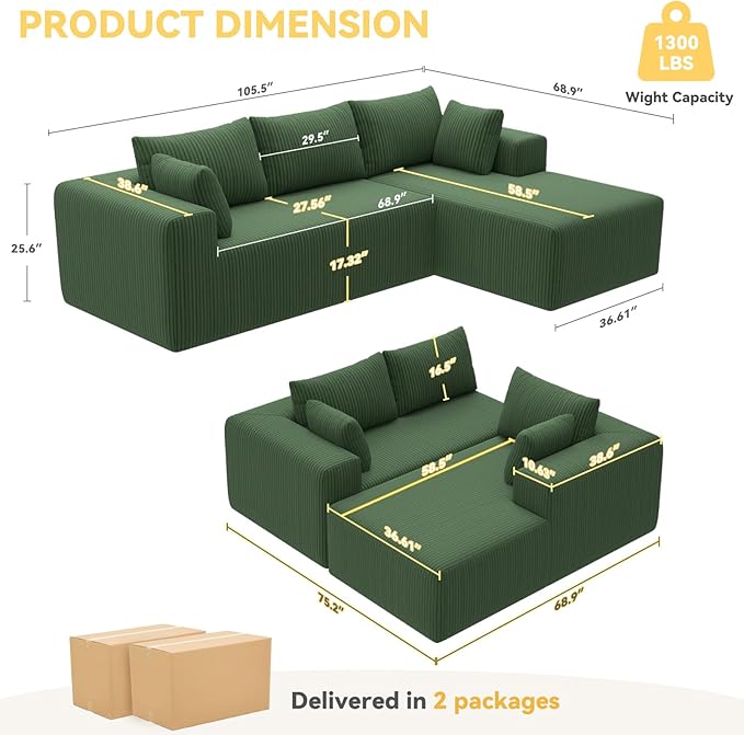 Boneless Couch with L-Shape Chaise 105 Couches for Living Room Corduroy Boneless Sofa w/27.56 Deep Seat Sectional Comfy Couch No Assembly Sofa Apartment/Bdrm Friendly Green