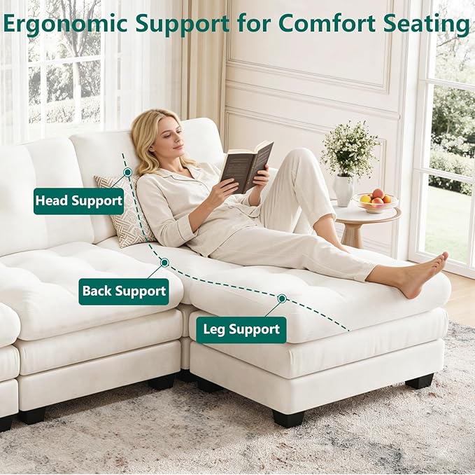 Modular Sectional U Shaped Sofa Couches for Living Room Cloud Couch with Movable Ottoman Comfy Chenille Sofa with Pillow for Bedroom and ApartmentBeige-Tufted