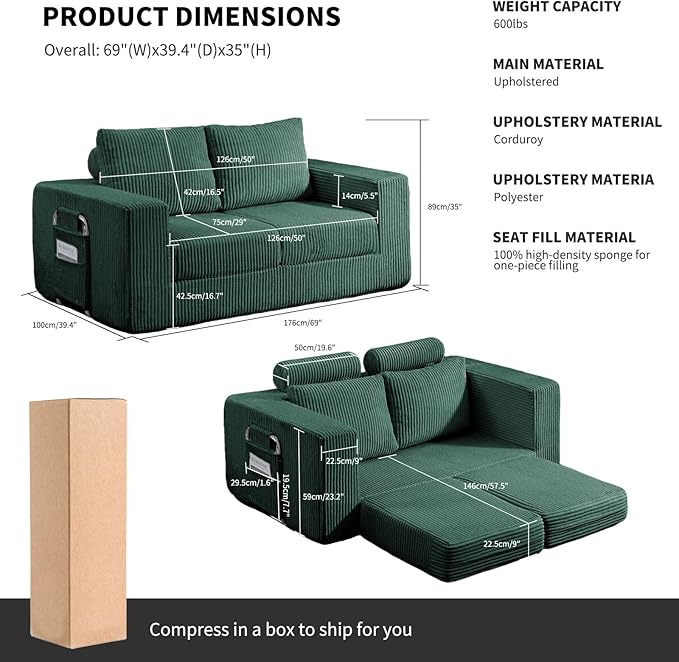 J.C.UP 69'' Convertible Sofa Bed Pull Out Loveseat Sleeper Sofa 2 Seater Boneless Folding Sofa Bed Floor Couch with Deep Seat Chaise Lounge for Living Room Bedroom No Assembly Required Green