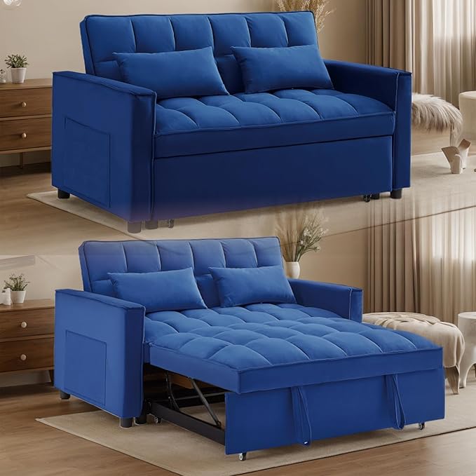 3 in 1 Convertible Sleeper Sofa Futon BedModern Velvet Pull Out Couch Bed with Reclining Backrest&amp2 Pillows54 Full Size Small Love Seat Lounge Couches for Small SpacesLiving Room (Dark Blue)