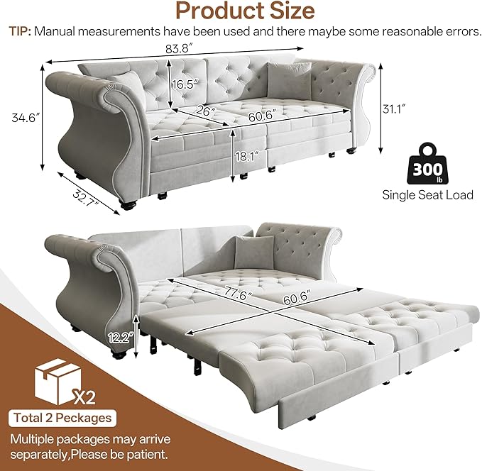 83.8 Queen Size Sleeper Sofa Bed 3-in-1 Convertible Pull Out Chesterfield Sleeper Couch Oversized Velvet Flower Button Tufted Loveseat Sofa for Living Room Small Spaces Grey