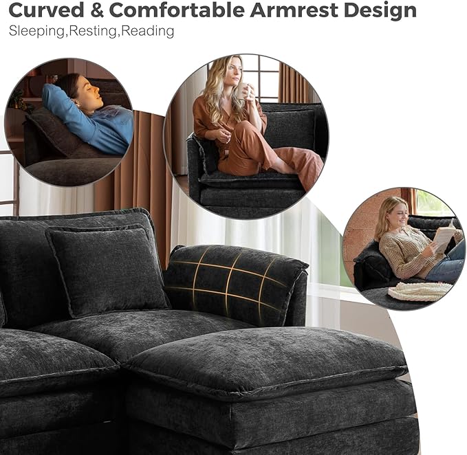 ELUCHANG Oversized 150 Modular Sectional Sofa Comfy Cloud Couch U Shaped Deep Seat Sofa Couches for Living Room 7-Seater Modern Sofa with Movable Ottoman DIY Combination - Chenille Black | Easy t