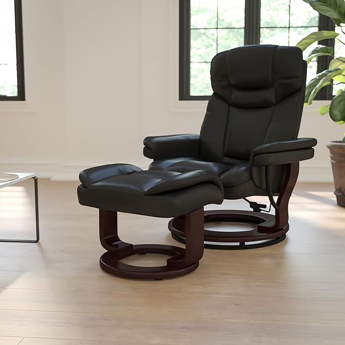 Flash Furniture Allie LeatherSoft Upholstered Recliner with Footrest Arms and Headrest Padded Swivel Recliner Chair and Ottoman Set Black