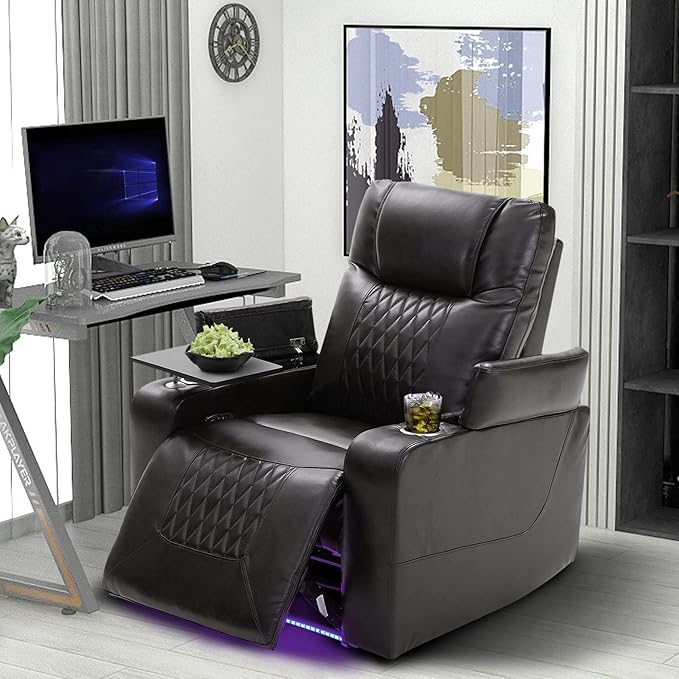 Merax Electric recliner chair with USB Charge Port 360 Swivel Tray Table Hand in-Arm Storage and Cup Holders ambient lighting Gaming Home Theater Seating