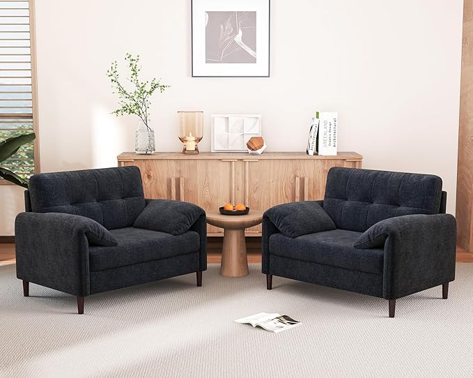 46 Oversized Accent Chairs Set of 2 with Padded Arms Comfy Chenille Fabric Living Room Bedroom Chairs Set of 2 Mid Century Modern Reading Chair with Pocket Spring Cushion (Dark Grey)