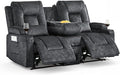 Houjud Manual Reclining Loveseat Sofa with Console Recliner Sofa RV Couch with Bluetooth Speakers USB Charging AC Outlets and Pillow for Home Theater Velvet Gray