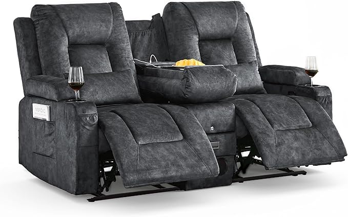 Houjud Manual Reclining Loveseat Sofa with Console Recliner Sofa RV Couch with Bluetooth Speakers USB Charging AC Outlets and Pillow for Home Theater Velvet Gray