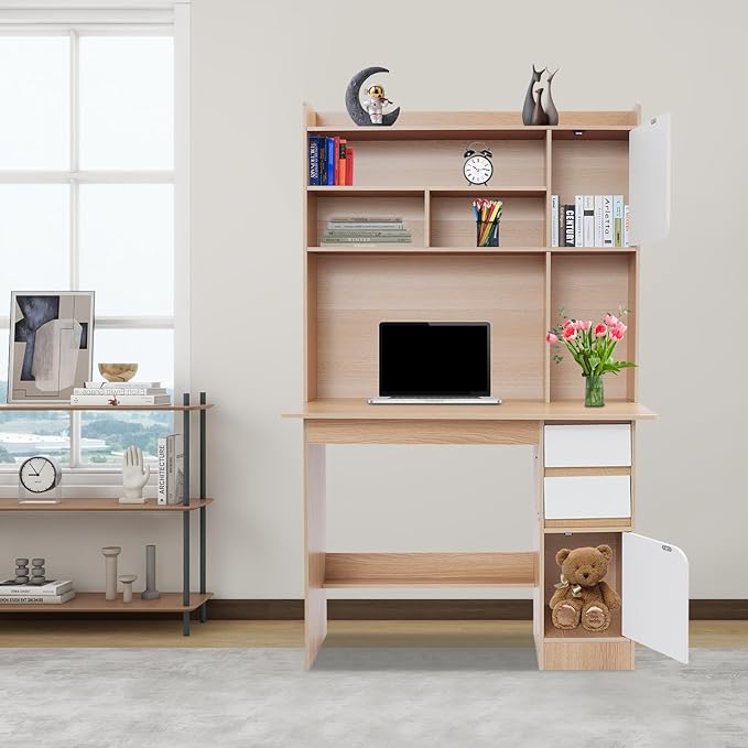 Modern Computer Desk Contemporary Rectangular Credenza Desk Home Storage Table Wood Computer Desk with Storage Drawers and Shelves