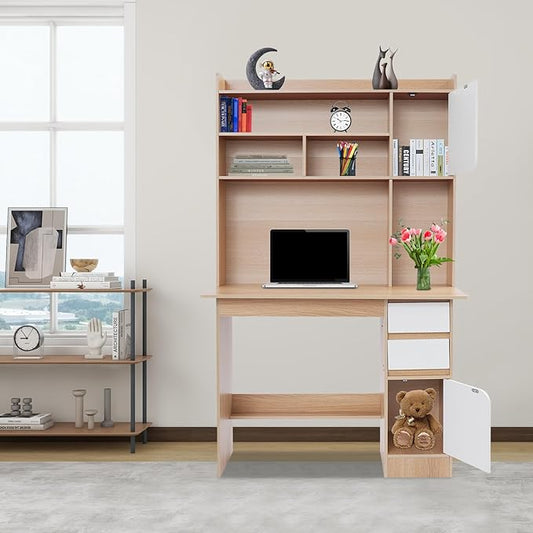 Modern Computer Desk Contemporary Rectangular Credenza Desk Home Storage Table Wood Computer Desk with Storage Drawers and Shelves