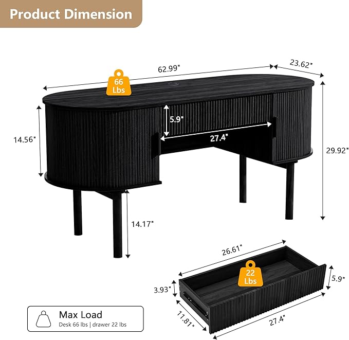 ORRD Home Office Oval Desk with Sliding Tambour Door and Drawer Modern Fluted Wood Executive Computer Storage Desk for Study Living Room Bedroom Office - Black