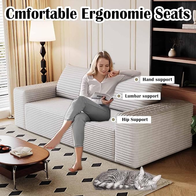 63 Corduroy Couch in a Box Cloud Loveseat Sofa with 2 Cushions Boneless Couches for Living Room Bedroom Small Space Compressed Deep Seat Memory Foam No Assembly (White 63)