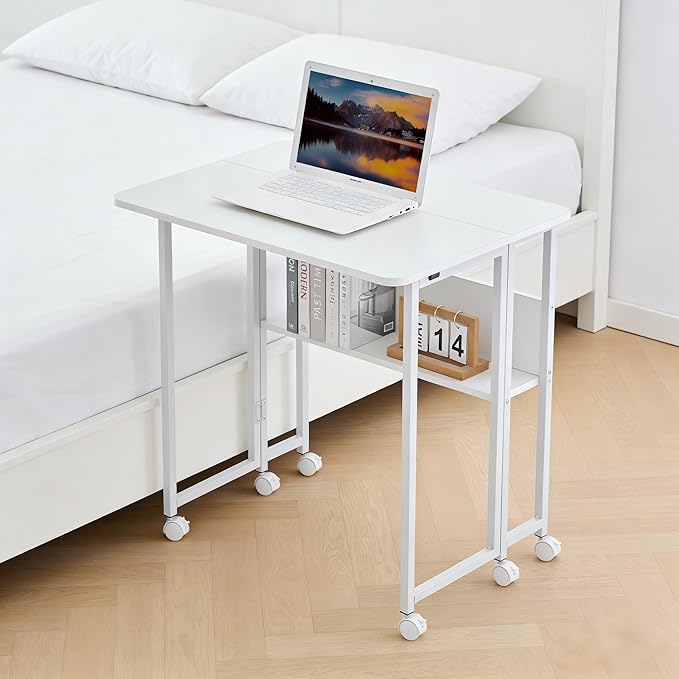 Mobile Small Rolling Computer Desk Folding Laptop Cart Table with Wheels Portable Foldable Desk for Small Spaces Compact Rolling Office for Couch Bed Study Home (White31.5L × 22.9W × 29.53H)