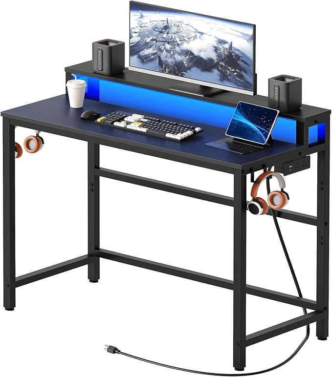 Small Computer Desk with Charging Station and LED Lights Gaming Desk with Monitor Stand 2-Tier Home Office Desk with 4 Side Hooks for Living Room Home Office Black DN01UDBBY2
