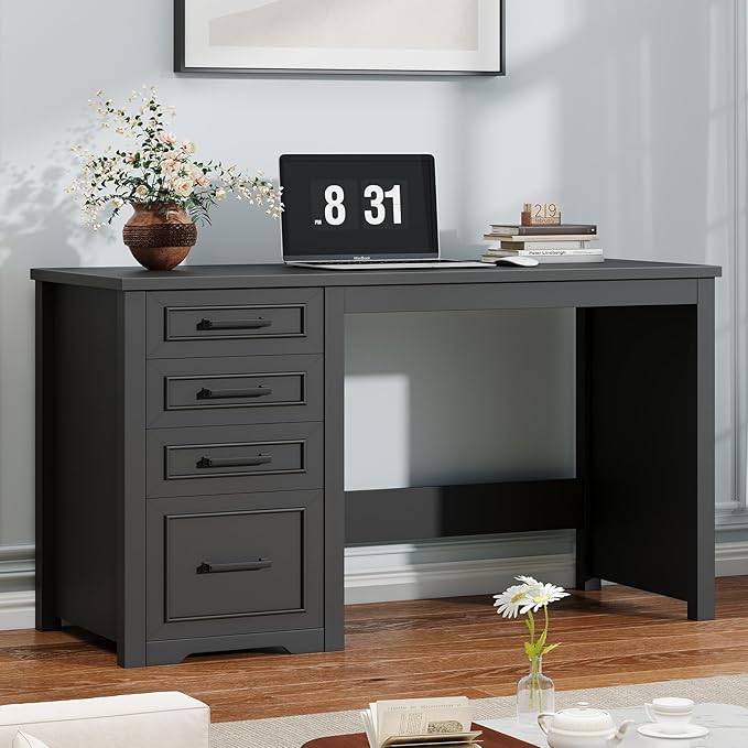 Vabches Farmhouse 49” Executive Desk with File Drawer 4 Drawers Reversible Computer Desk with Storage Rustic Home Writing Workstation for Home Office.Black