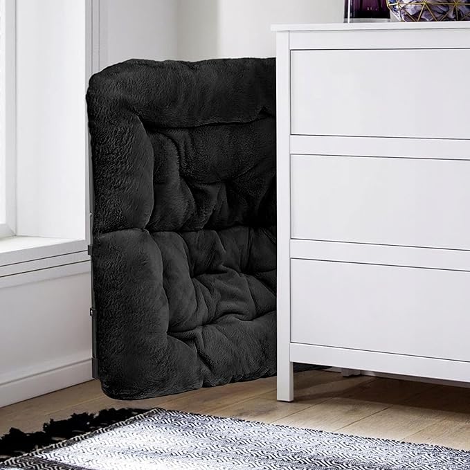 Walsham Folding Comfy Chair Faux Fur Soft Cozy Lounge Reading Papasan Chair for Adults Kids Bedroom Living Room Dorms Small Space Black