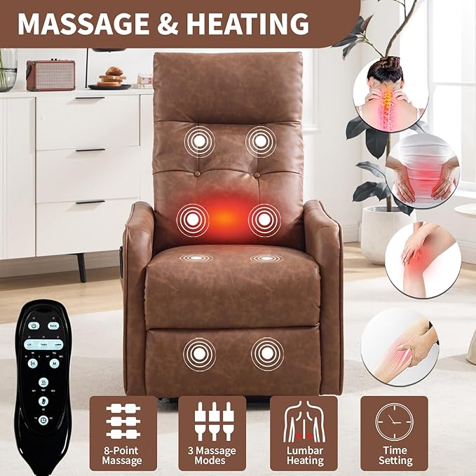 Small Power Lift Chair Recliner for Elderly Petite Power Recliner Chair with Massage and Heat | USB | High Back | Push Button | Side Pockets Liviing Room Easy Assembly (PU Leather Light Brown)