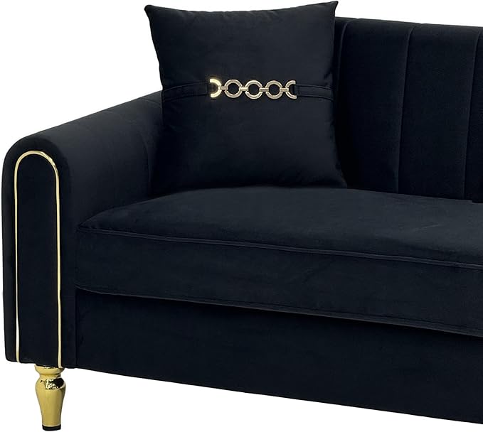 Modern 3-Seaters Velvet Sofa Upholstered Couch with Pillows and Gold Metal Legs for Living Room Office Apartment (Black)