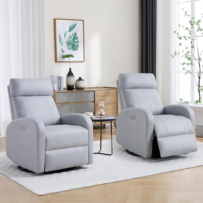 Power Swivel Rocker Recliner Faux Leather Rocking Recliner Chair with USB Port Swivel Glider Reclining Chair Nursery Recliners for Living Room Grey