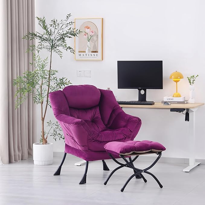 Lazy Chair with Ottoman Modern Accent Chair Lounge Leisure Sofa Chair with Armrests Reading Chair and Folding Footstool for Living Room Bedroom Office Plush Pink