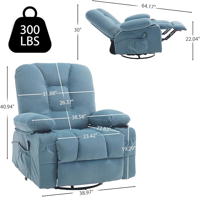 Rocker Recliner Chair with Massage and Heat Fabric Overstuffed Swivel Recliners Glider with Cup Holder Side Pocket Rocking Reclining Sofa Chair for Adults Living Room Blue