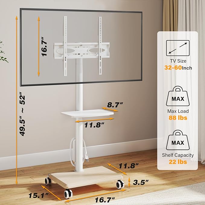 5Rcom Rolling TV Stand with Power Outlet for 32-60 inch TVs Swivel and Height Adjustable Mobile TV Stand with Shelf Strong TV Cart on Wheels up to 88 lbs for Living Room Bedroom and Office White