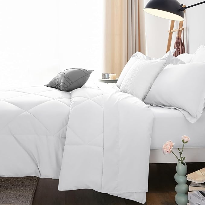CozyLux King Size Comforter Set White - 7 Pieces Bed in a Bag King Luxury Soft Bed Set for All Seasons Bedding Set with Down Alternative Comforter Sheets Pillowcases &amp Shams