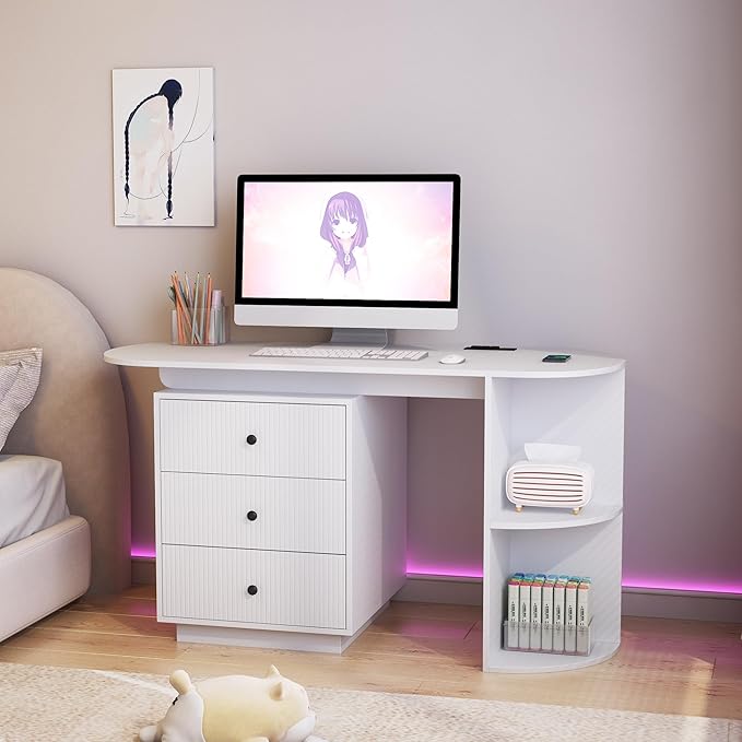 KEIKI 63 Expandable Desk with Hutch Computer Desk with Storage Drawers Open Shelves &amp USB/AC Charging Ports Office Desk for Home or Study Executive Desk with Drawers White