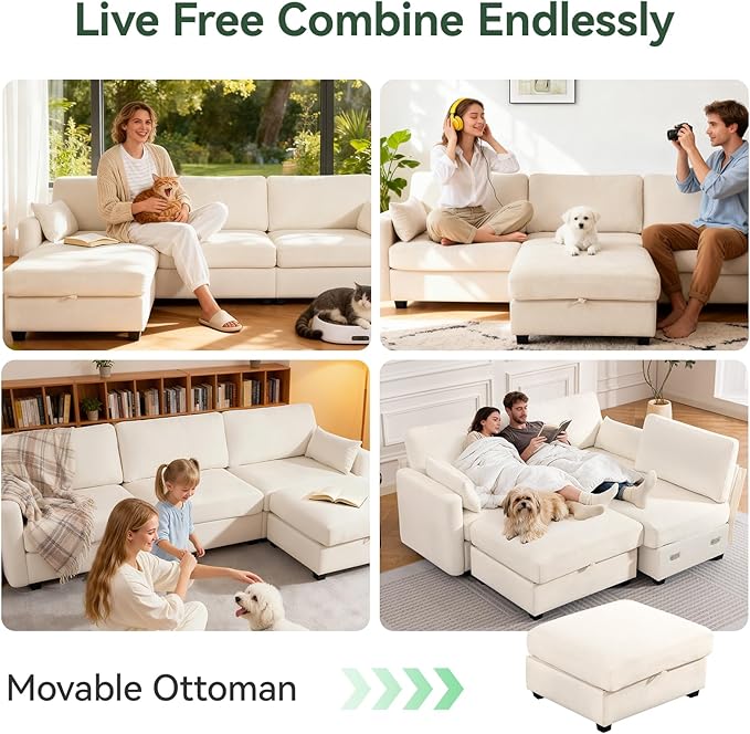 109'' Modular Sectional Sofa L Shaped Couch with Storage Ottoman Comfy Cloud Sofa with Deep Seat 4 Seat Convertible Sectional Couches for Living Room (Beige Low Legs 1.97)