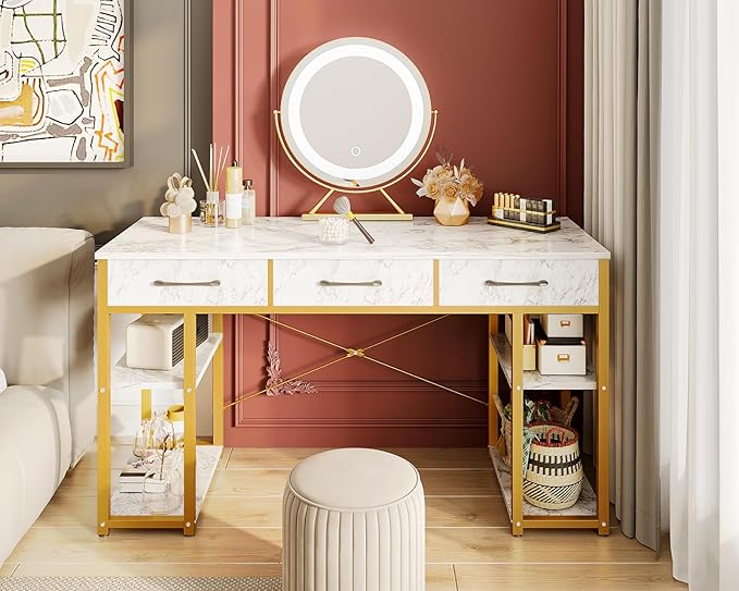 ODK Vanity Desk with 3 Fabric Drawers &amp Storage Shelves Makeup Dressing Table Home Office Desks for Bedroom Small Modern Writing Desk for Girls Bedroom White and Gold 48x16 (No Mirror)