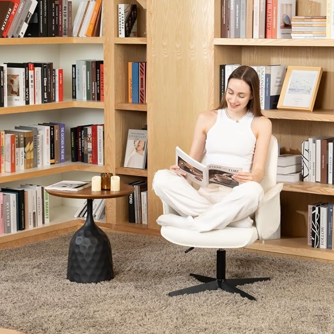 FurnitureR Relax Chair Featuring Fashionable Loop Yarn 12.6 INCHES X Base. Unique Living Room Chair with 360° Swivel Function and Height Adjustment Function White