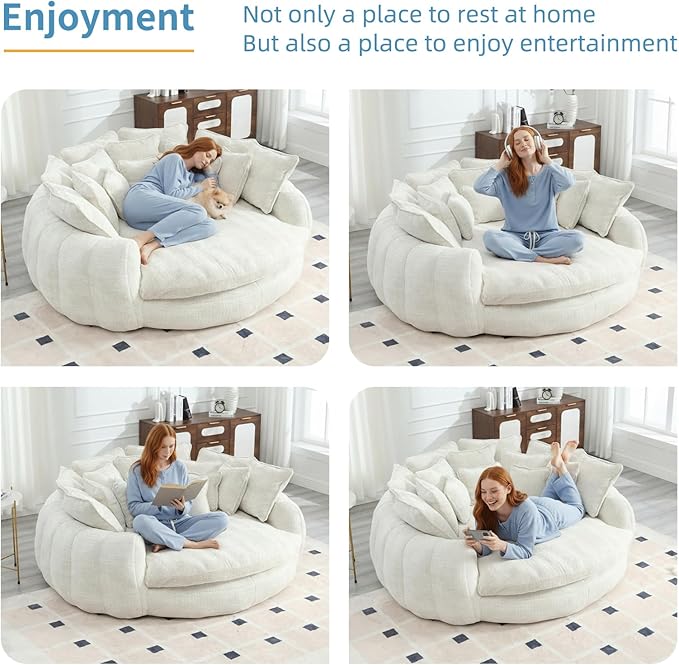 81 Oversized Round Sofa Bed Large Chenille Bean Bag Chair No Assembly Required Cloud Couch Fluffy Plush Chaise Lounge Chair Indoor Modern Sleeper Sofa with Deep Seat for Living Room (Beige)