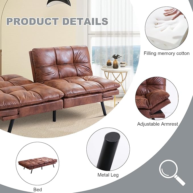Futon Sofa Bed Convertible CouchMemory Foam Futon Sofa CouchSleeper Futons Sofa CouchesSmall Splitback Modern Loveseat Sofa Bed for Living RoomOfficeApartmentFaux LeatherBrown.